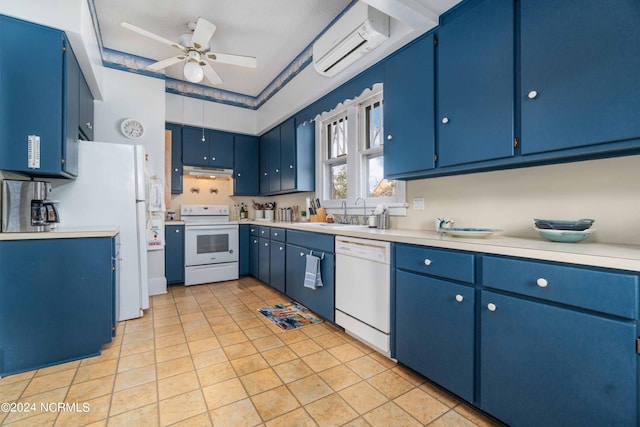 kitchen featuring white appliances, light tile patterned floors, a wall mounted air conditioner, ceiling fan, and blue cabinetry