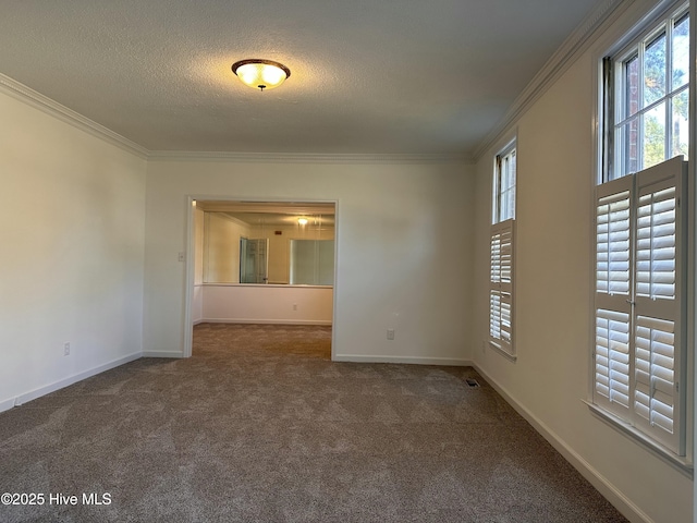 carpeted empty room with a textured ceiling and ornamental molding