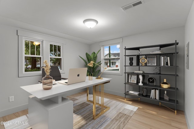 home office featuring a healthy amount of sunlight and light hardwood / wood-style flooring