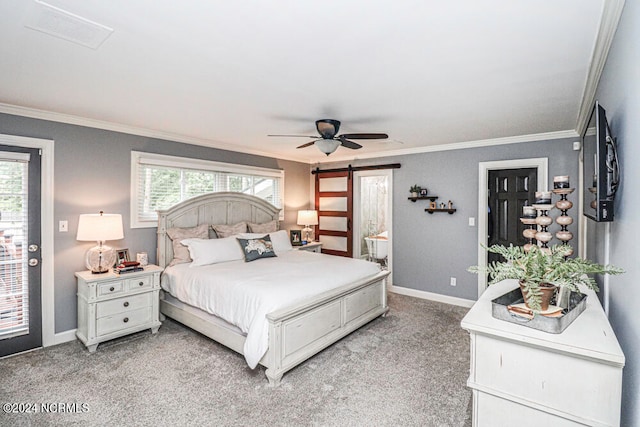 bedroom featuring a barn door, ornamental molding, ceiling fan, and light colored carpet