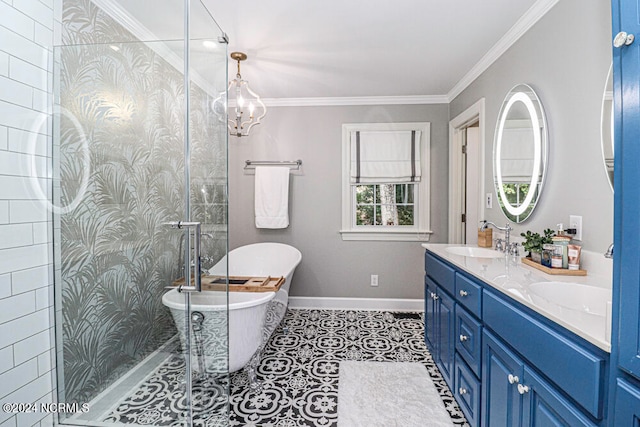 bathroom featuring independent shower and bath, vanity, tile patterned flooring, and ornamental molding