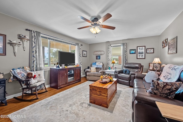 living room with ceiling fan and light hardwood / wood-style flooring