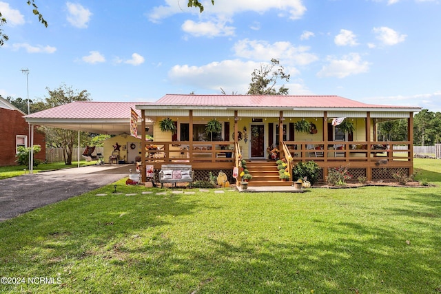 view of front of property featuring a front lawn, a carport, and covered porch