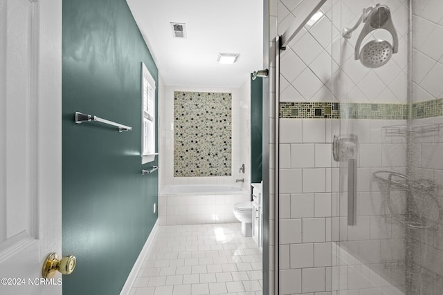 bathroom featuring tile patterned flooring, independent shower and bath, and toilet