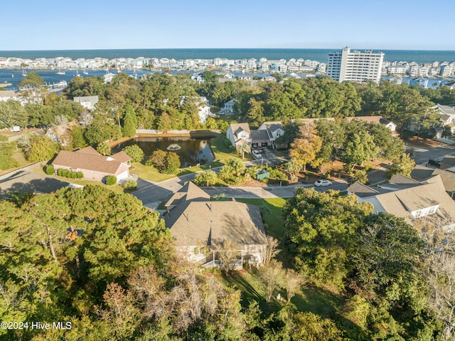 bird's eye view with a water view