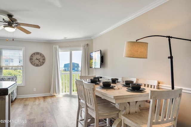 dining space with plenty of natural light, light hardwood / wood-style floors, ornamental molding, and ceiling fan