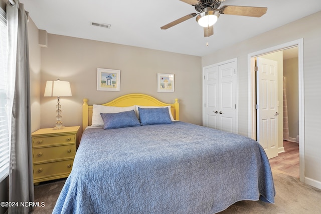 bedroom featuring ceiling fan, carpet floors, and a closet