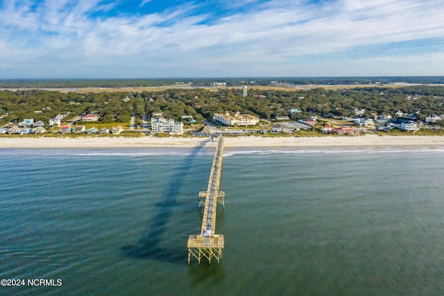 aerial view featuring a water view and a beach view