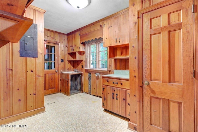 interior space with wooden walls, electric panel, and crown molding