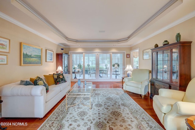 living room with ornamental molding, a tray ceiling, and dark hardwood / wood-style flooring