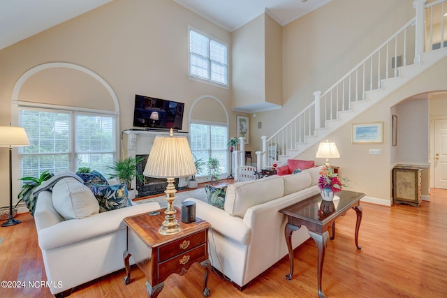 living room with a high ceiling, a healthy amount of sunlight, light hardwood / wood-style floors, and ornamental molding