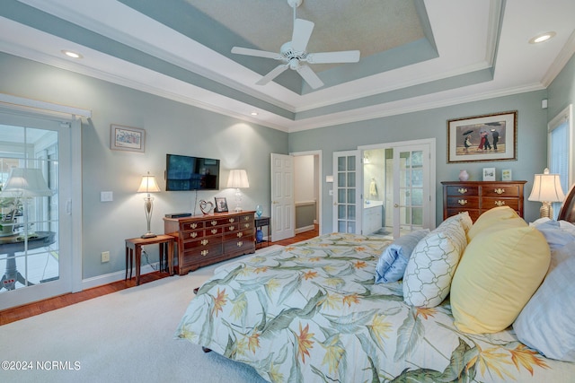 bedroom with hardwood / wood-style flooring, access to exterior, ornamental molding, ceiling fan, and french doors