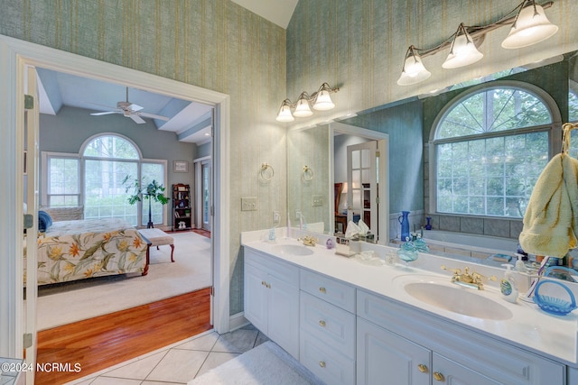 bathroom with wood-type flooring, vanity, vaulted ceiling, and ceiling fan