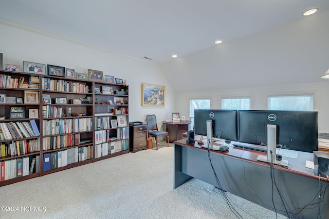 carpeted office with recessed lighting, vaulted ceiling, and crown molding