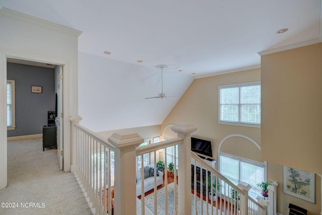 hall with crown molding, baseboards, carpet, and lofted ceiling