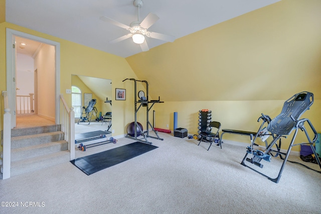 workout area with ceiling fan, lofted ceiling, and carpet