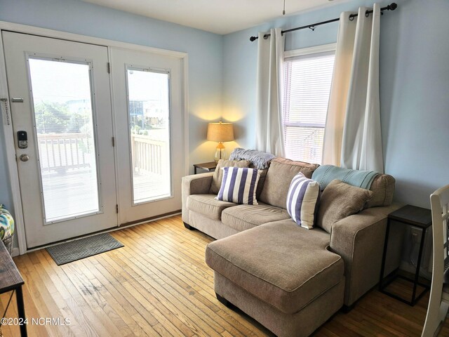 living room with light wood-type flooring and a healthy amount of sunlight