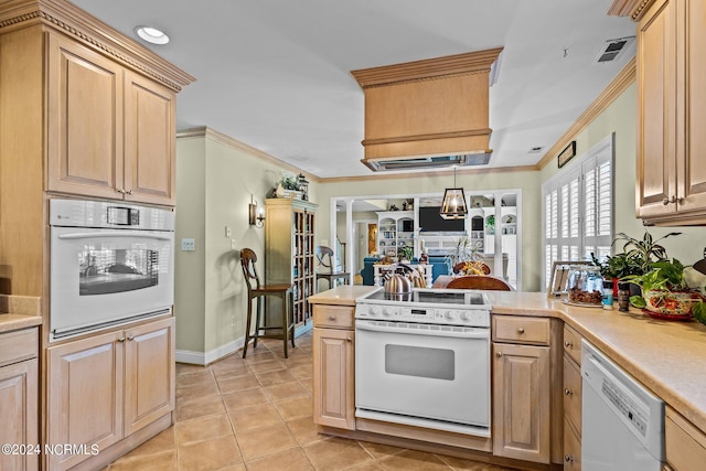 kitchen featuring white appliances, light brown cabinets, ornamental molding, and light tile patterned flooring