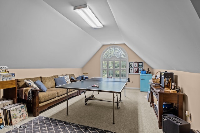 recreation room with carpet flooring and lofted ceiling