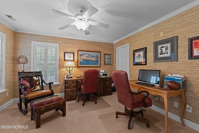 office space with ceiling fan, light colored carpet, and crown molding