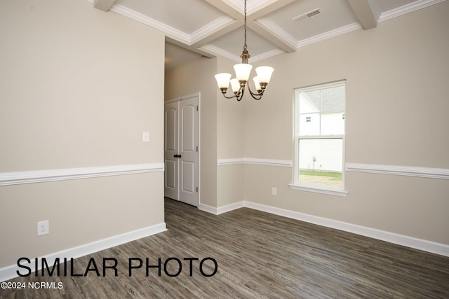 spare room featuring coffered ceiling, dark hardwood / wood-style flooring, crown molding, beam ceiling, and a chandelier