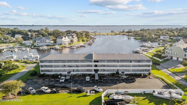 drone / aerial view featuring a water view