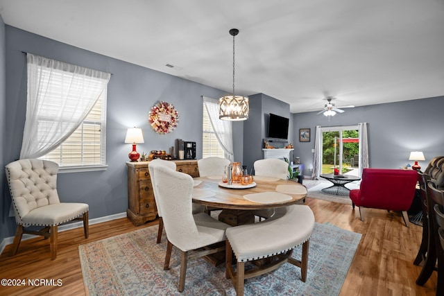 dining room featuring ceiling fan with notable chandelier and hardwood / wood-style floors