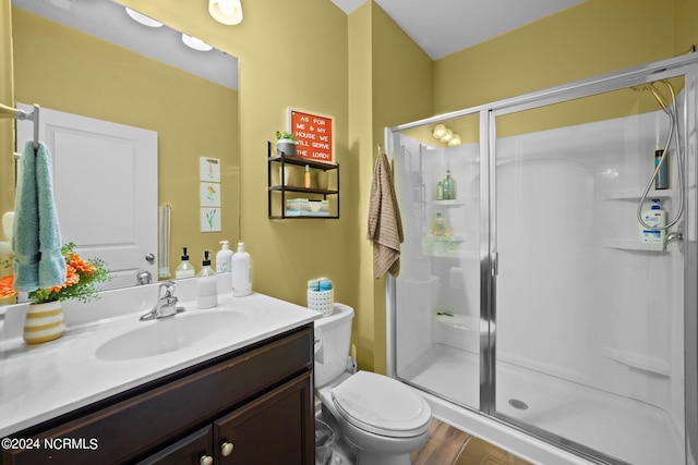 bathroom featuring wood-type flooring, toilet, vanity, and a shower with shower door