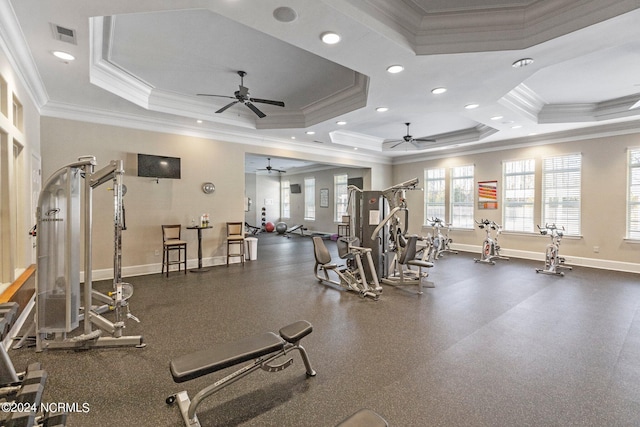 workout area with ornamental molding and a tray ceiling