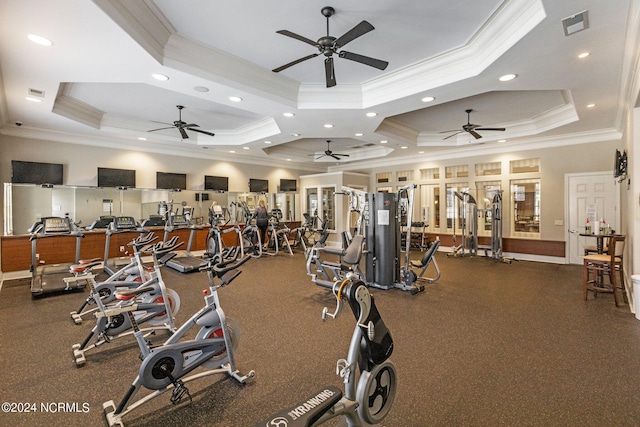 workout area featuring crown molding and a raised ceiling