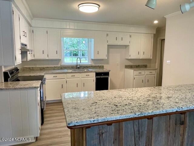 kitchen with stainless steel electric range oven, light stone counters, exhaust hood, white cabinetry, and a sink