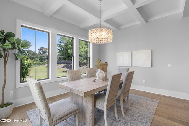 616 Waterstone Dr, Wilmington, NC 28411 - dining space with coffered ceiling, a chandelier, beamed ceiling, baseboards, and light wood finished floors