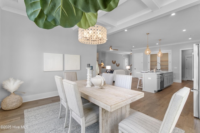 616 Waterstone Dr, Wilmington, NC 28411 - dining area with recessed lighting, baseboards, ornamental molding, beam ceiling, and ceiling fan