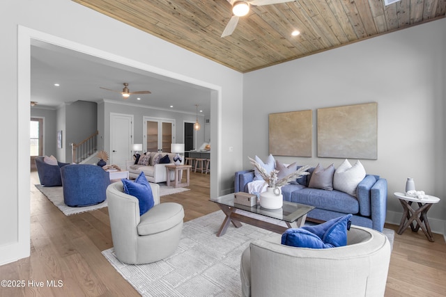 616 Waterstone Dr, Wilmington, NC 28411 - living area featuring a ceiling fan, crown molding, stairs, wooden ceiling, and wood finished floors