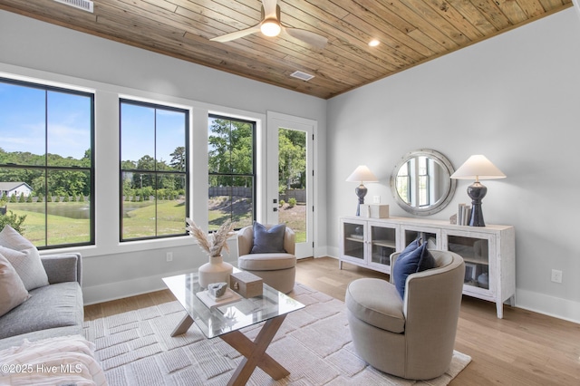 616 Waterstone Dr, Wilmington, NC 28411 - living room with wood ceiling, ceiling fan, baseboards, and light wood-type flooring