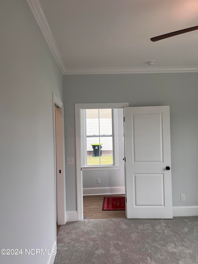 unfurnished bedroom with carpet floors, crown molding, and ceiling fan