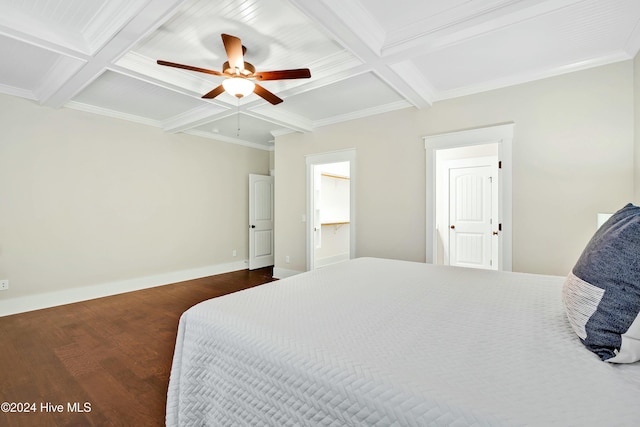 bedroom featuring beam ceiling, dark hardwood / wood-style floors, ceiling fan, and coffered ceiling