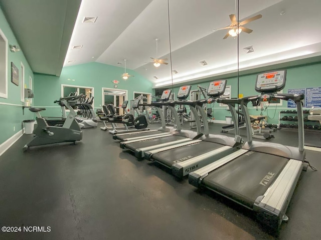 gym with high vaulted ceiling and ceiling fan