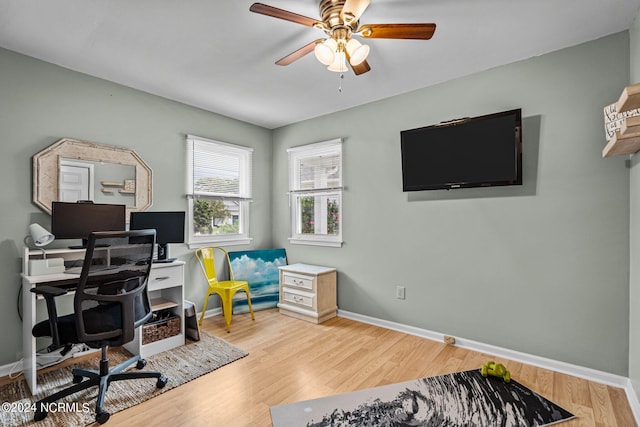 office space with light hardwood / wood-style floors and ceiling fan