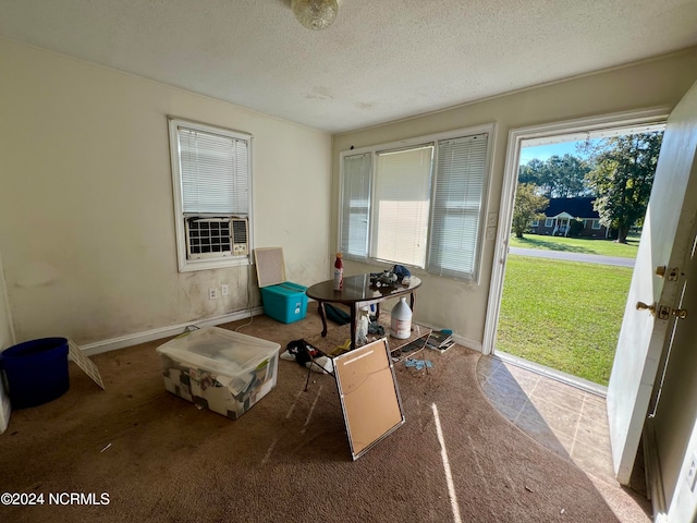 miscellaneous room featuring cooling unit, a textured ceiling, dark colored carpet, and a wealth of natural light