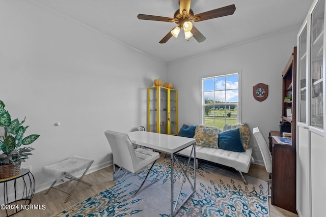 home office with light wood-type flooring and ceiling fan