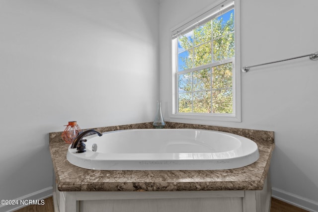 bathroom featuring hardwood / wood-style flooring and a tub to relax in