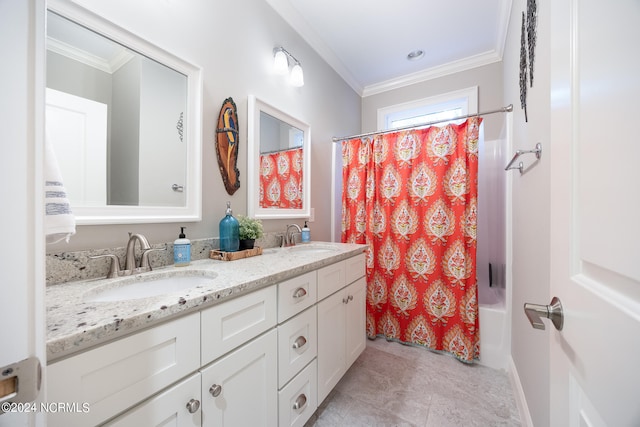 bathroom with ornamental molding, vanity, and shower / bathtub combination with curtain