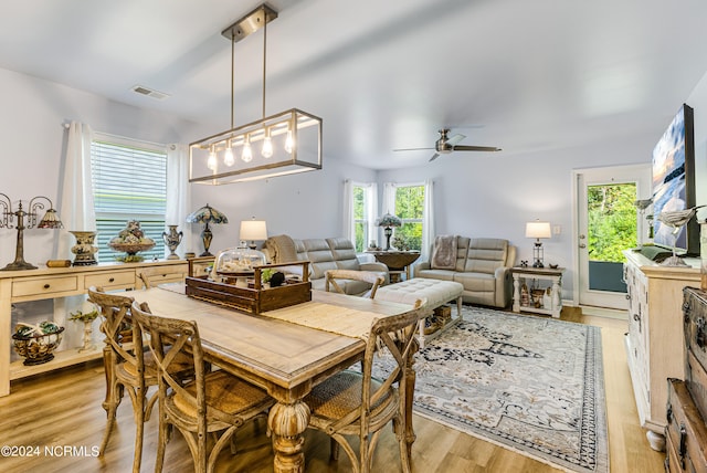 dining room featuring ceiling fan and light wood-type flooring