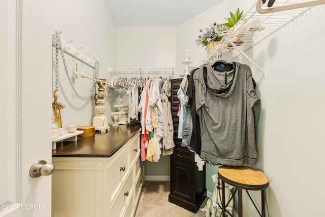 walk in closet with light carpet