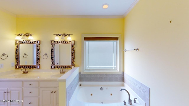 bathroom with ornamental molding, a relaxing tiled tub, and vanity