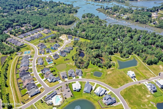 drone / aerial view featuring a water view