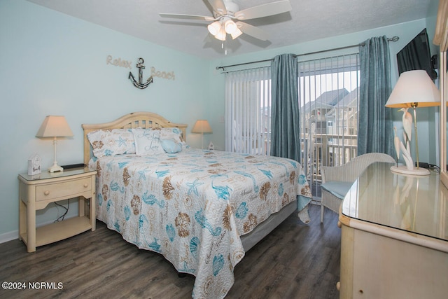 bedroom with ceiling fan and dark wood-type flooring