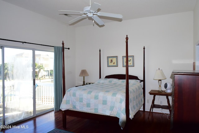 bedroom featuring ceiling fan, access to exterior, and dark wood-type flooring