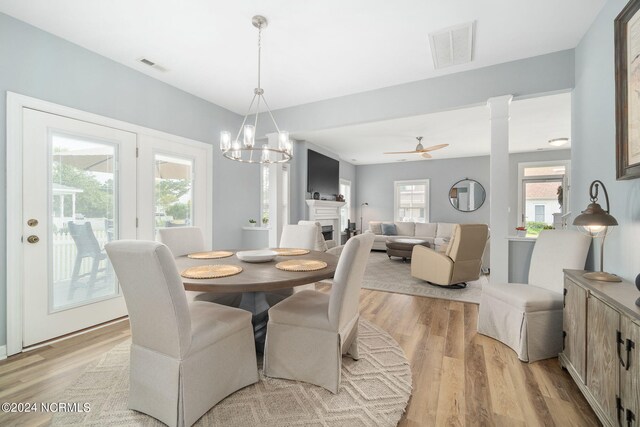 dining area with ceiling fan with notable chandelier, light hardwood / wood-style floors, and plenty of natural light